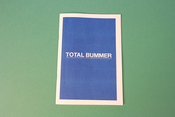 A blue rectangular card with a white border sits against a green background. Centred in white capital letters is the phrase “TOTAL BUMMER”.