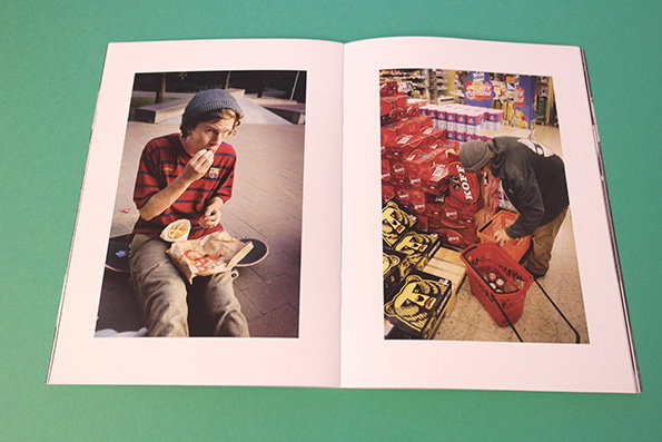 An open book displays two photographs side by side. The first shows a person in a beanie and striped shirt eating from a takeaway container. The second shows a person in a hoodie leaning over a red shopping basket in a supermarket aisle.