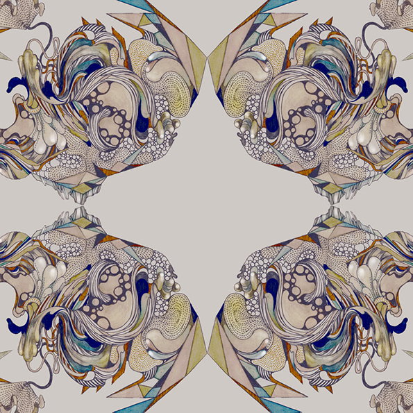 A symmetrical illustration of four intricate, swirling organic forms arranged in a diamond pattern. The shapes feature flowing lines, dotted textures and a palette of blue, gold and cream on a neutral grey background.
