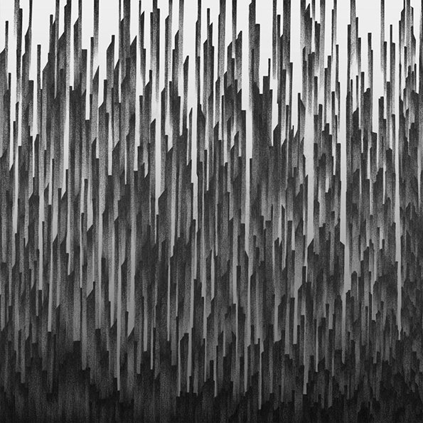 An abstract black and white illustration of dense, vertical shards of varying heights. The sharp, needle-like forms create a jagged skyline against a plain white background.