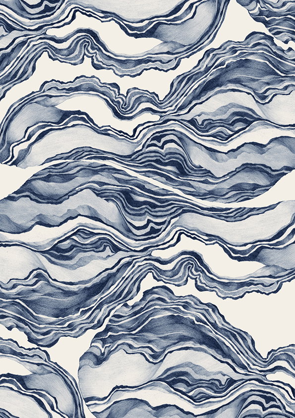 An illustration of flowing, organic shapes in shades of deep blue and white. The undulating lines create a marbled effect, resembling topographical maps or water ripples.