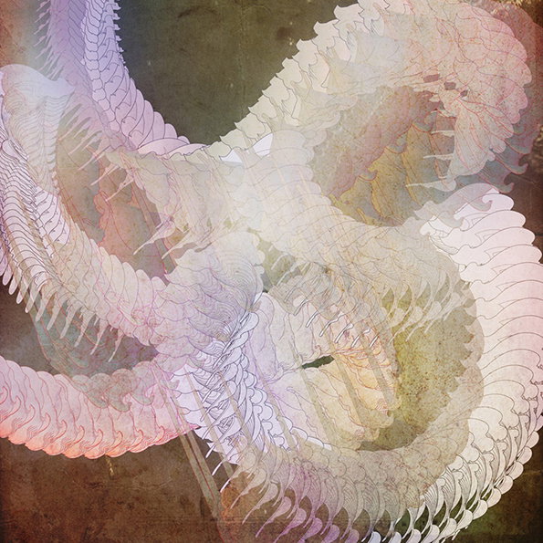 An illustration of interlocking, translucent organic forms that resemble ribbed tentacles or spinal columns. The shapes curve and overlap in shades of pale pink, purple and white against a textured, olive-green background.