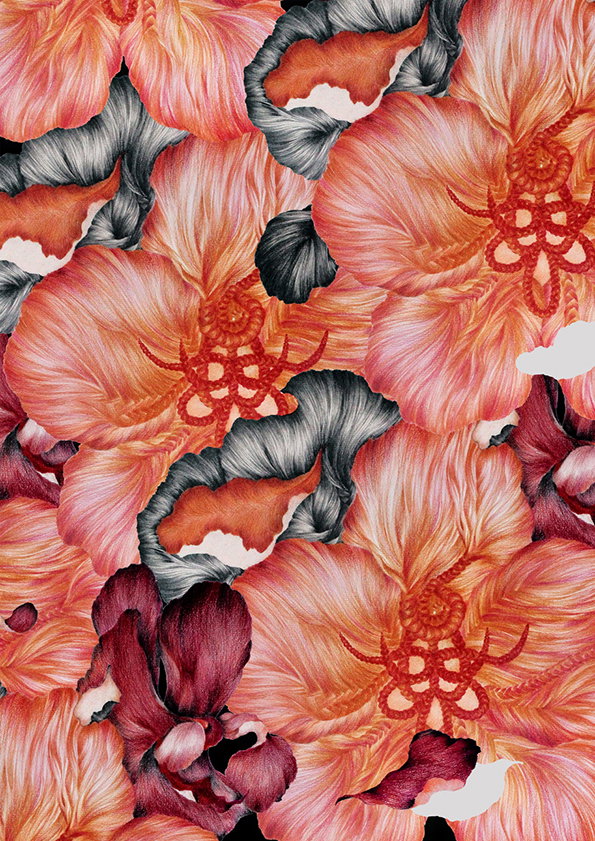 An illustration of oversized, overlapping flowers in shades of coral, orange and deep red. The petals feature fine, hair-like textures and dark, charcoal-grey accents.