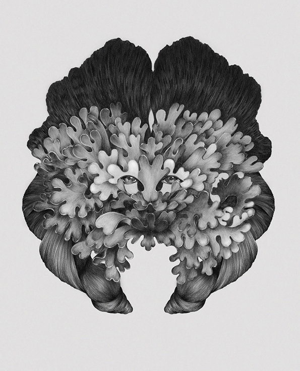 A black and white illustration of a face composed of organic, coral-like shapes. The figure is framed by dark, flowing hair that curls at the bottom against a plain light grey background.