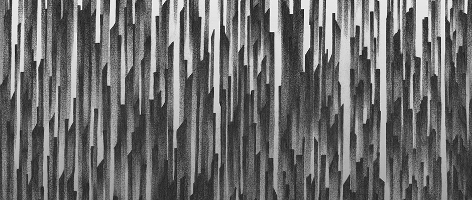 A black and white illustration of dense, vertical shards of varying heights and widths. The sharp, geometric forms create a textured, rhythmic pattern across the frame.