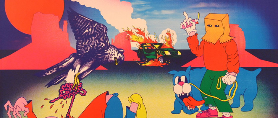 An illustration of a figure with a brown paper bag over their head, wearing a red jumper and green trousers. They hold a pink lighter while standing beside a large blue dog. In the background, a car is engulfed in flames under a red sun.