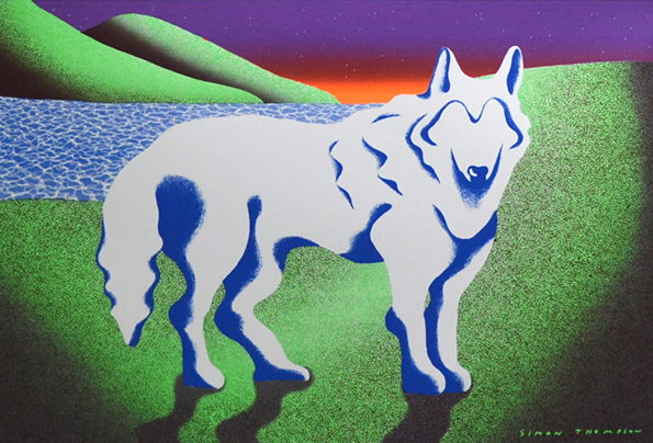 An illustration of a white wolf with bold blue shadows, standing in a green landscape. Behind the wolf, a blue river flows towards rolling green hills under a purple and orange sky.