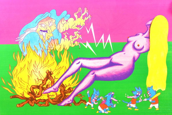 A colourful painting of a purple figure reclining against a yellow pillar, their head obscured. A blue, ghostly figure with claws emerges from a large fire to the left, while small blue cartoon characters watch from below.