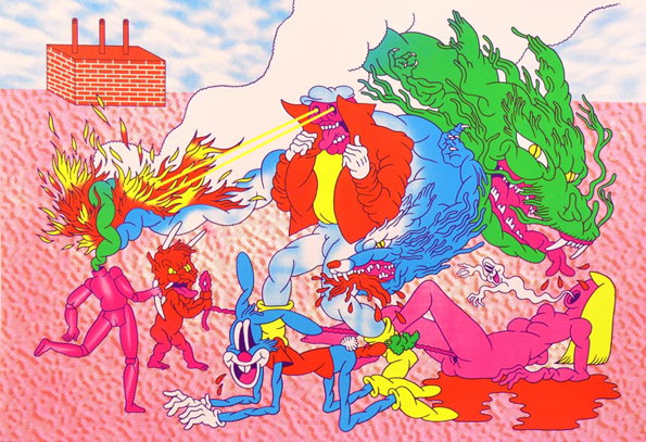 An illustration of a chaotic, surreal scene featuring a red-skinned figure firing yellow beams from their eyes. They are surrounded by a green dragon, a blue wolf, and a distorted Bugs Bunny.