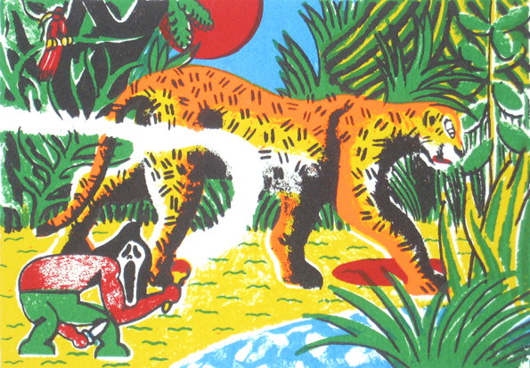 A colourful print of a large, spotted leopard prowling through a dense jungle. Below the leopard, a small red figure with a white face crouches in the grass.