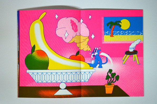 An illustration in a book with a bright pink background. A large yellow banana and green apple sit in a white bowl, while a small blue cat looks up in shock at a floating pink brain.