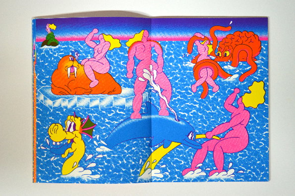 An illustration of several pink figures in a bright blue sea. They interact with a large orange rock, a blue dolphin and a red brain-like creature with tentacles.