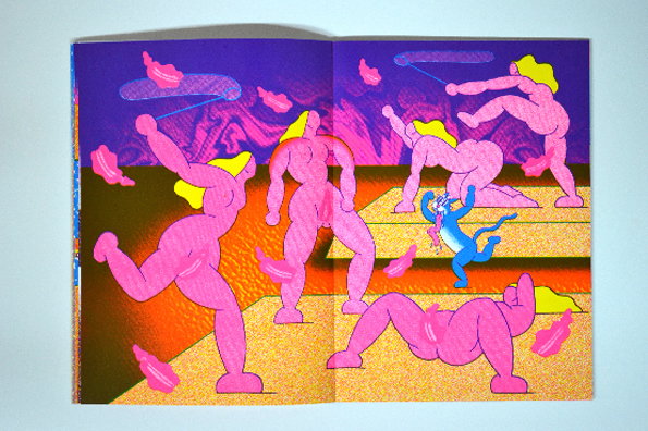 An illustration across two pages shows several pink, muscular figures with yellow hair in various poses. A small blue figure stands in the centre, surrounded by the larger figures against a purple and orange background.