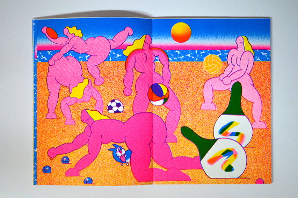 An illustration of several bright pink figures on a sandy beach under a yellow sun. The figures are in various athletic poses, surrounded by colourful balls and a small blue bird.
