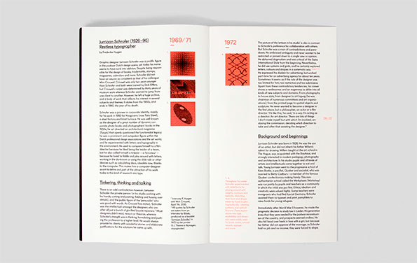 An open book showing a spread about the designer Jurriaan Schrofer. The left page features a profile titled “Restless typographer” alongside a red abstract graphic.