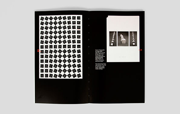 An open book with black pages. The left page features a grid of repeating, abstract black and white geometric shapes, while the right page shows three small photographs of white 3D blocks and a block of descriptive text.