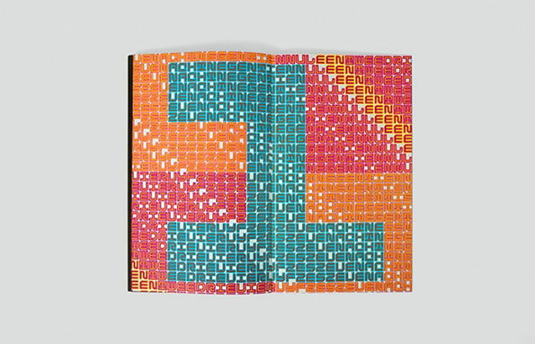 An open book features a bold, typographic design across two pages. Repeating words in teal, orange and pink form the shapes of the numbers “5” and “1”.