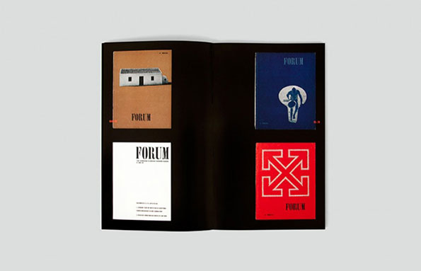 An open book displays four different cover designs for a publication titled “Forum”. The layouts feature a mix of photography and bold graphics in brown, blue, white and red.
