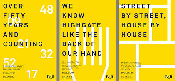 Three yellow posters for Benham & Reeve estate agents. The first reads “Over fifty years and counting”, the second “We know Highgate like the back of our hand”, and the third “Street by street, house by house”.
