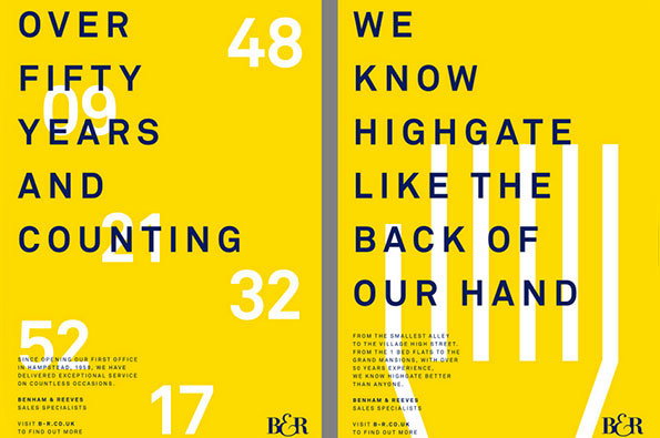 Two yellow posters with bold blue typography. The first reads “OVER FIFTY YEARS AND COUNTING”, surrounded by white numbers. The second reads “WE KNOW HIGHGATE LIKE THE BACK OF OUR HAND”, with a white graphic of a hand laid over the text. Both feature the Benham & Reeves “B&R” logo.