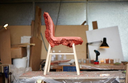 Unusual foamy chair seats made from furniture factory shavings 