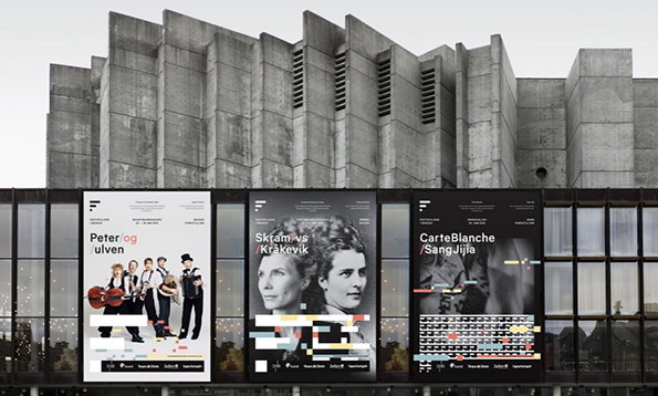 Three large posters are displayed against a brutalist concrete building. The posters feature black and white photography and bold typography, with titles including “Peter og ulven”, “Skram vs Kråkevik” and “CarteBlanche Sang Jijia”.