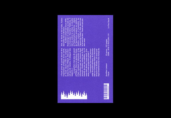 The back cover of a purple book features a block of French text and a white silhouette of a jagged skyline at the bottom. Vertical text on the right edge reads “Aurélien Lemant”, “Traum”, “10 euros – 112 pages” and “Le Feu Sacré”.