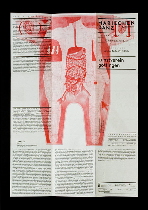 A red and white folded brochure for an exhibition by Mariechen Danz at Kunstverein Göttingen. The cover features a red anatomical illustration of a torso and internal organs.