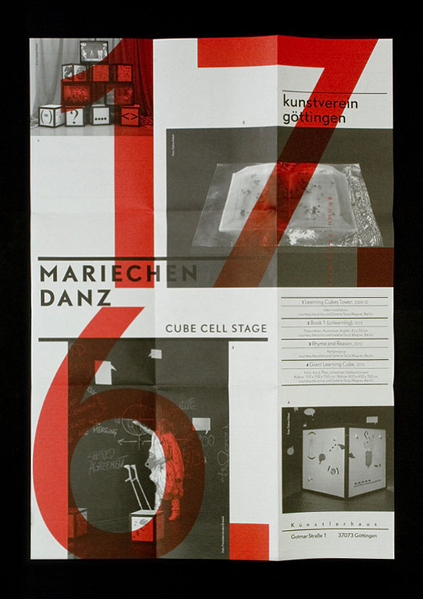 A graphic poster for an exhibition by “Mariechen Danz” at “kunstverein göttingen”. Large, red numerals “17” and “6” overlap a white background and a series of photographs showing cube-based artworks.