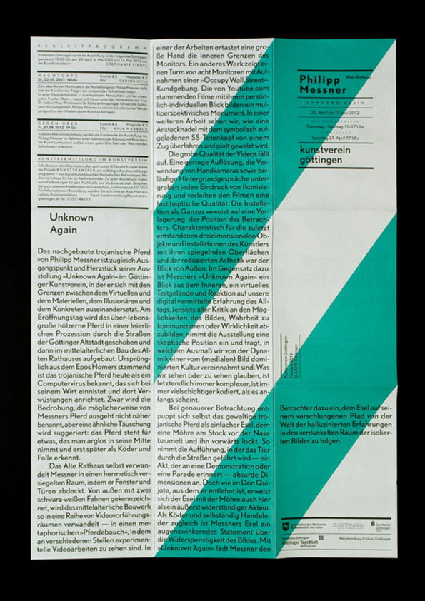 A printed exhibition brochure with a white background and black text. The right side features a black vertical strip with the name “Philipp Messner” and the title “Unknown Again” above the words “kunstverein göttingen”.