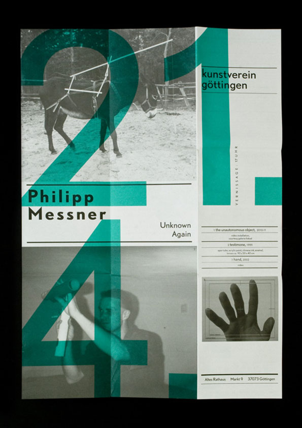 An exhibition poster for Philipp Messner featuring black and white photographs overlaid with large, teal numbers. The text reads “Philipp Messner”, “Unknown Again” and “kunstverein göttingen”.
