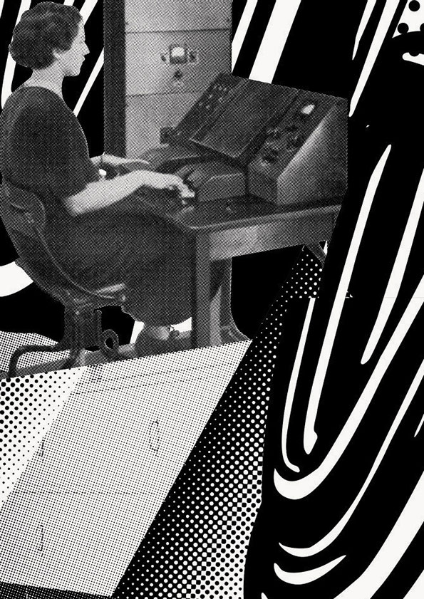 A collage featuring a grainy black and white photograph of a person sitting at a high-tech control panel. The image is layered over bold black and white stripes and a halftone dot pattern.