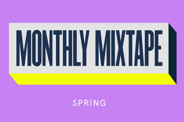 A graphic featuring a 3D block with the words “MONTHLY MIXTAPE” in bold, dark blue lettering. The block is white with a bright yellow base, set against a lilac background with the word “SPRING” below.