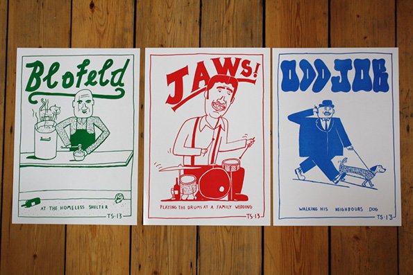 Three illustrations of James Bond villains in mundane situations. Blofeld is shown in a green line drawing at a homeless shelter, Jaws in red playing drums at a wedding, and Oddjob in blue walking a dog.
