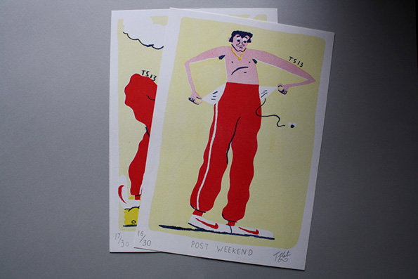 An illustration of a shirtless person wearing red tracksuits and white trainers, standing with their hands on their hips. The text “POST WEEKEND” is written at the bottom of the print.