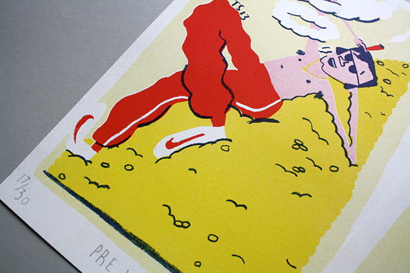 An illustration of a figure wearing red trousers and white Nike sneakers, lying across a yellow landscape. The figure is partially obscured by the terrain, with only their legs and head visible.