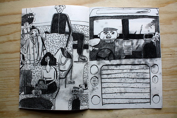A black and white ink illustration across two pages of an open sketchbook. The left page shows people sitting in a crowded vehicle, while the right page shows the front of a bus with a driver at the wheel.