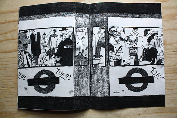 A black and white illustration of two London Underground carriages. Stylised figures fill the windows, and the iconic roundel logo appears below each carriage alongside the text “Tox 03”.