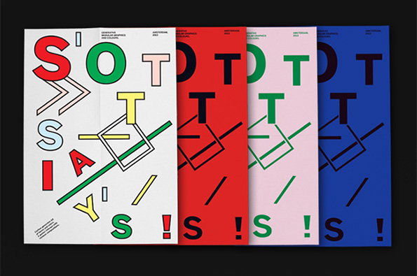 Four versions of a typographic poster in different colours: white, red, pink and blue. Bold, fragmented letters and geometric lines are scattered across the page, including the words “SOT” and “SIA”.