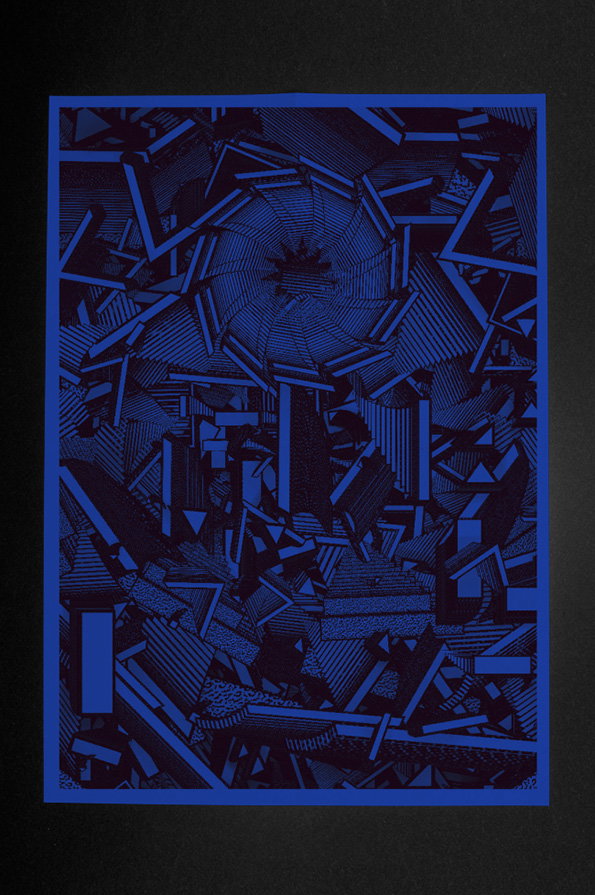 An abstract illustration in deep blue and black. Sharp, geometric shards and hatched lines create a sense of depth, swirling towards a central point.
