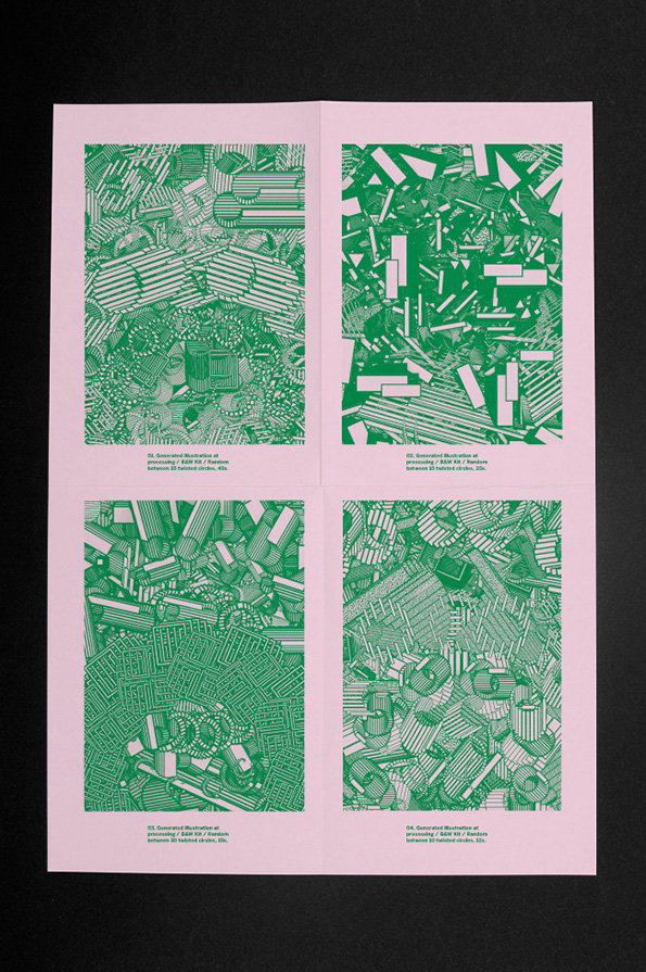 Four green and white abstract illustrations are printed on a pale pink page. Each image features a dense, geometric composition of overlapping lines and shapes.
