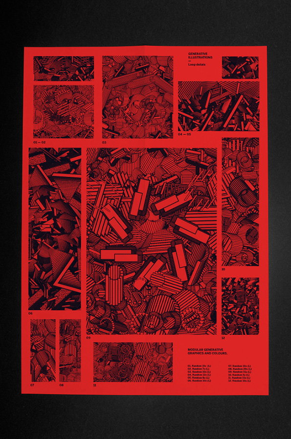A red and black poster featuring a series of complex, generative illustrations. The abstract, geometric patterns are arranged in a grid of varying sizes, with the words “Generative Illustrations” and “Modular Generative Graphics and Colours” appearing in small, clean typography.