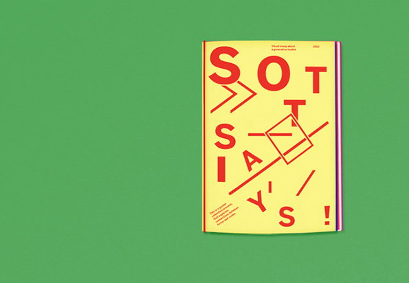 A yellow book cover features bold red lettering and geometric shapes arranged in a fragmented layout. Small text at the top reads “Visual essay about a generative bucket”.