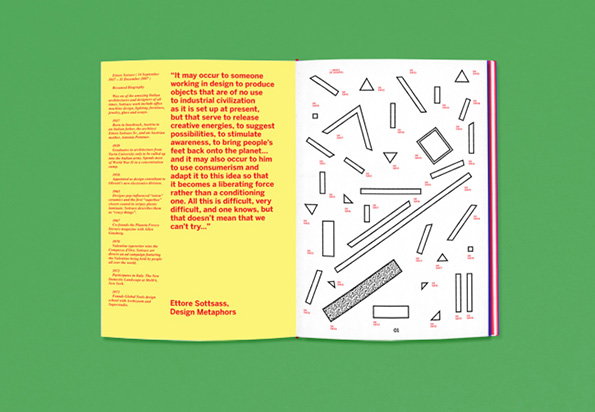An open book with a bright yellow left page and a white right page. The yellow page features a block of text and the title “Ettore Sottsass. Design Metaphors”, while the white page contains a collection of black geometric shapes.
