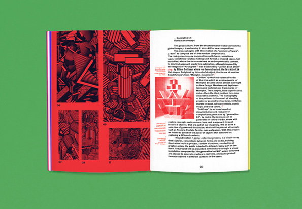An open book displays a series of bold, red and black abstract compositions on the left. The right page contains a column of text under the headings “Generative kit” and “Illustration concept”.