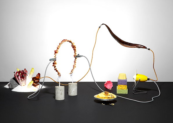 A sculpture composed of various organic and industrial materials connected by thin wires. A loop of dried orange slices and two concrete cylinders sit beside a yellow object and a stack of sponges.