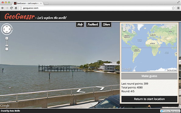 A screenshot of the Geoguessr website showing a street-view image of a wooden pier and houses by a waterfront. To the right, a world map allows the player to “Make guess”, with a score of 4,080 points shown below.