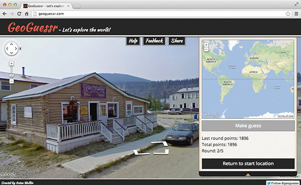 A screenshot of the Geoguessr website showing a street-level view of a small wooden building with a porch. To the right, a world map allows the player to “Make guess” for the location.