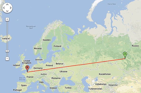 A map of Europe and Asia with a red line connecting two points. The line runs from a green marker labelled “A” in Russia to an orange marker labelled “B” in the United Kingdom.