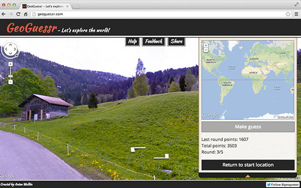 A screenshot of the Geoguessr website showing a game in progress. A Google Street View image of a grassy hillside and a small wooden building is paired with a world map for making a guess.